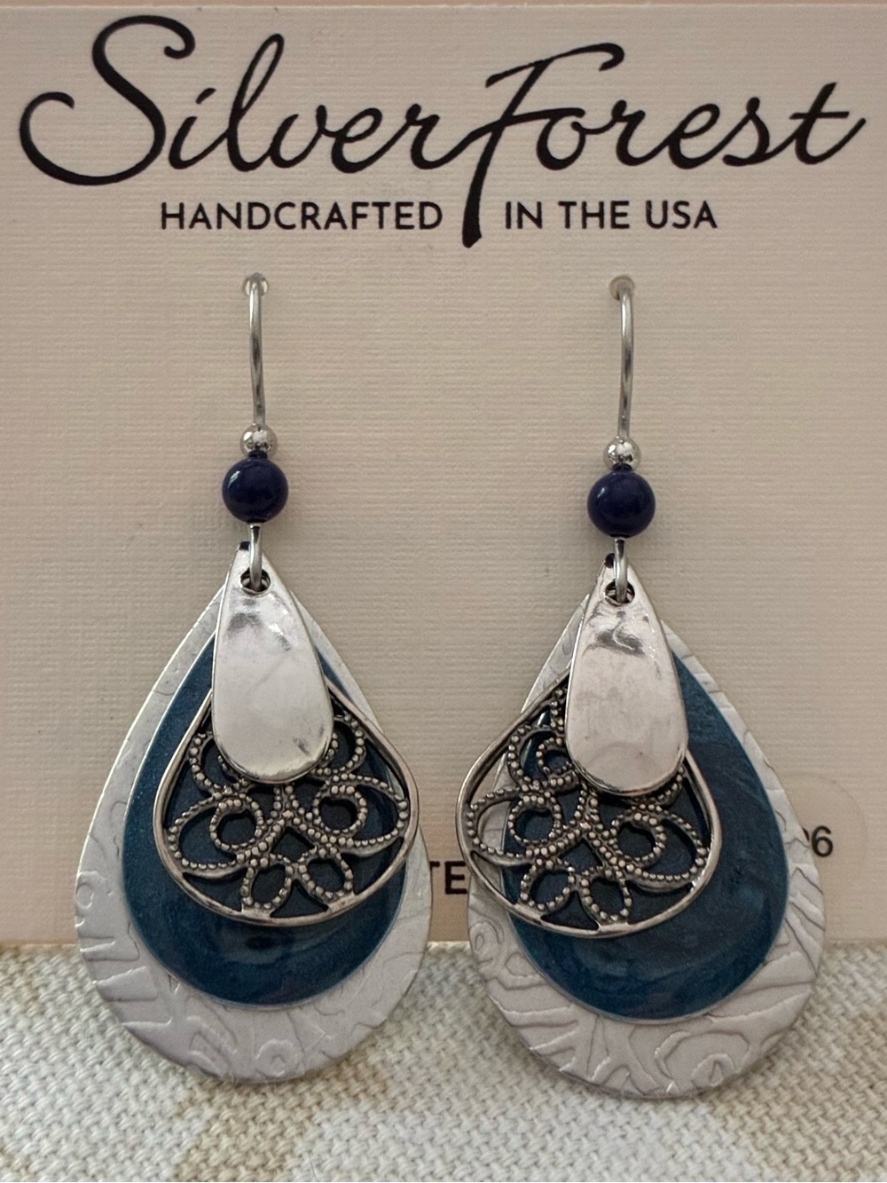 New Silver Forest Earrings Silver Tone Blue Layered Scroll Dangle Surgical Steel